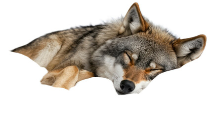 Fototapeta premium Lying Gray Wolf in a Peaceful Sleep Position, Exhibiting Soft Fur and Relaxed Facial Expression on a White Background