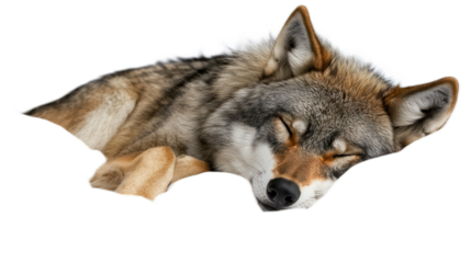 Lying Gray Wolf in a Peaceful Sleep Position, Exhibiting Soft Fur and Relaxed Facial Expression on a White Background