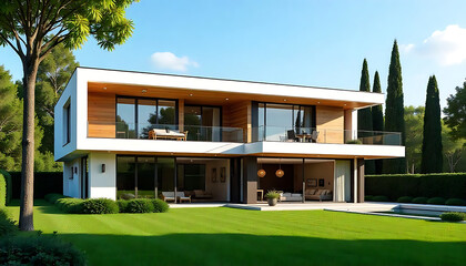Modern Minimalist Family Villa, a modern two-story house with a flat roof, luxurious house, modern farm house, spacious house with lawn, created with generative ai