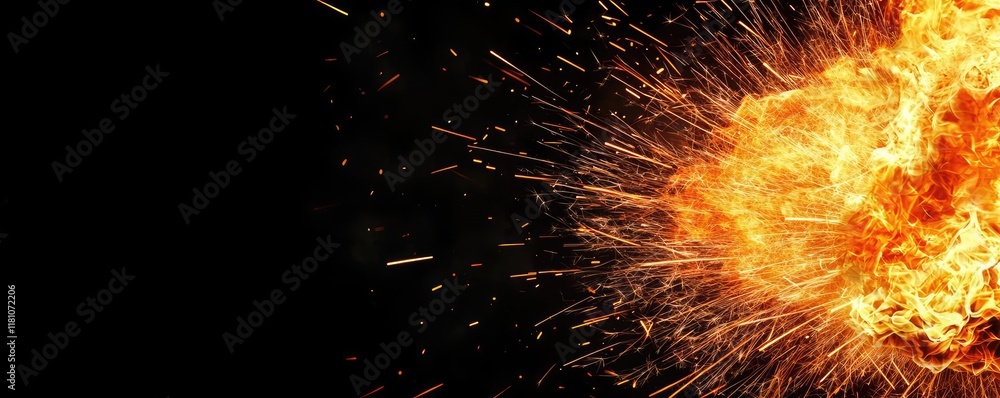 Poster fire abstract background idea. dynamic explosion of fiery flames and sparks against a dark backdrop.