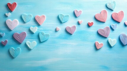 Obraz premium Colorful hearts scattered on a blue wooden background, creating a playful and romantic atmosphere.