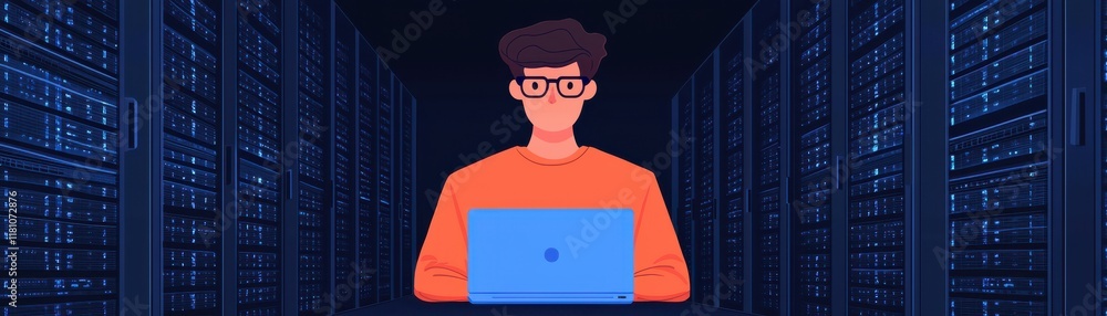 Aufkleber a tech-savvy individual works on a laptop in a server room, surrounded by rows of digital servers, c