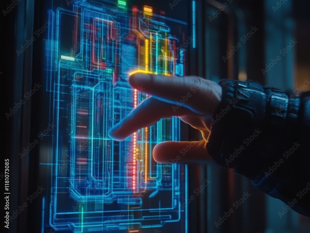 Poster futuristic interface interaction hand navigates digital system