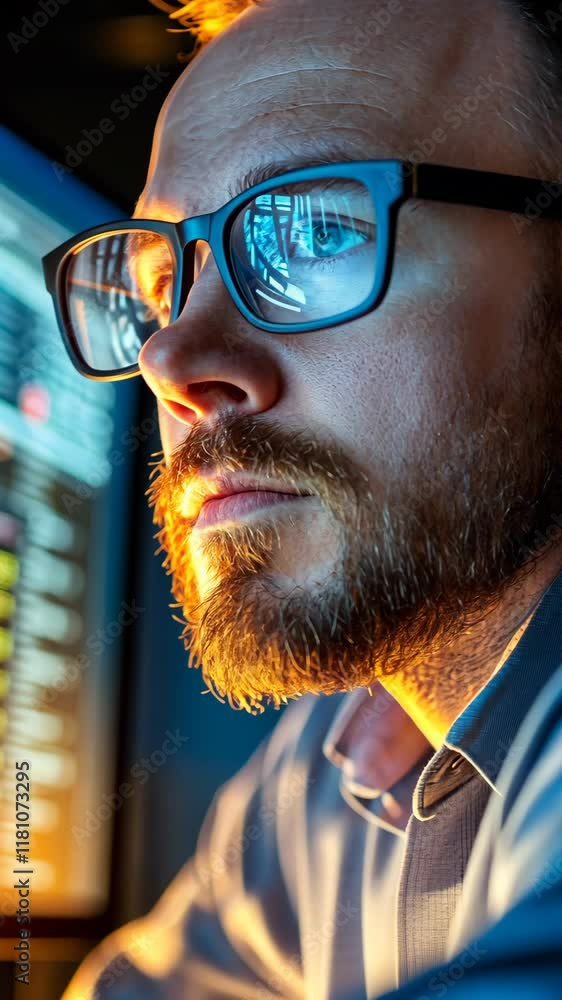 Poster focused professional analyzing data on computer screen in a dimly lit office space at night
