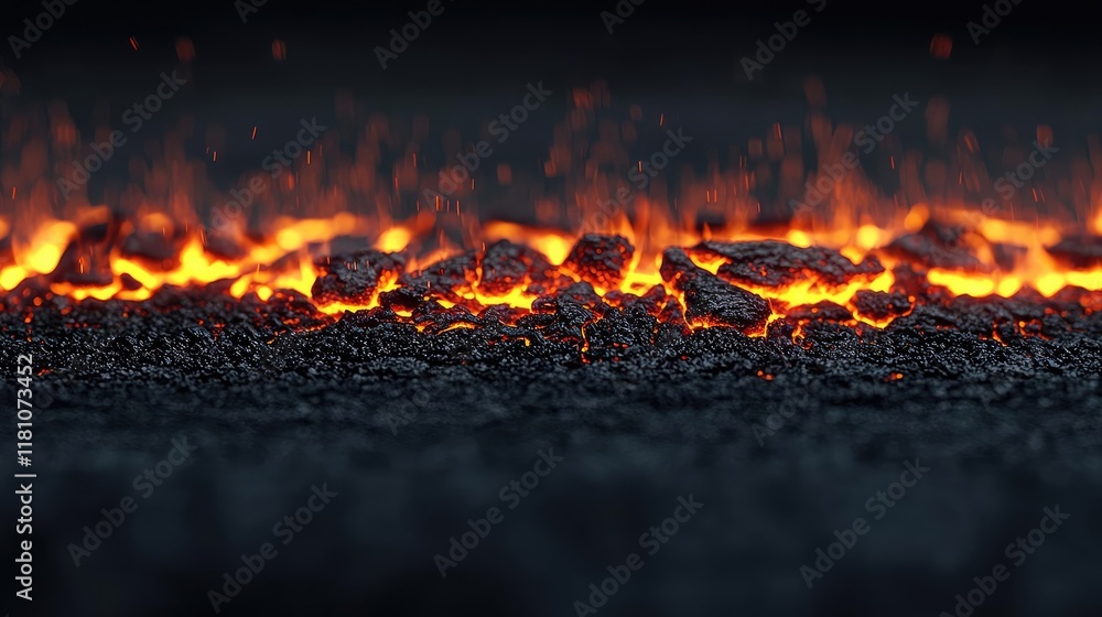 Poster fire abstract background idea. close-up of glowing lava flow with rocks creating a dramatic fiery la