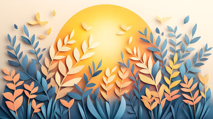 Naklejka premium paper art style of landscape with animals in a forest beautiful trees and leaves. in natural forest layered shape in natural forest layered shape