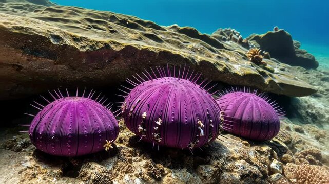Vivid underwater scene showcasing purple echinoderms against coral, reflecting vibrant marine biodiversity and tranquility