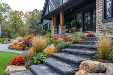 Obraz premium Charming New England Home Garden with Stone Path and Decorative Grasses