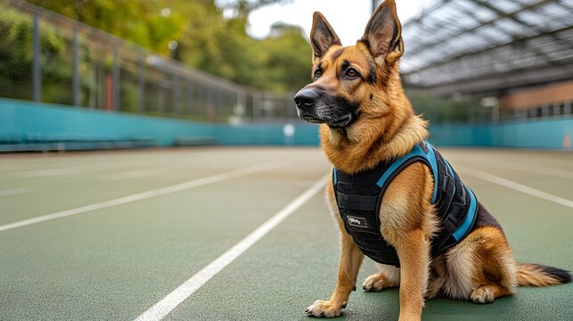 A focused German shepherd in a training vest sits attentively on a marked court, ready for commands amidst a serene atmosphere.