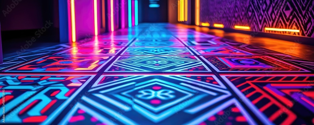 Poster floor abstract background idea. vibrant corridor with geometric patterns and colorful neon lights cr
