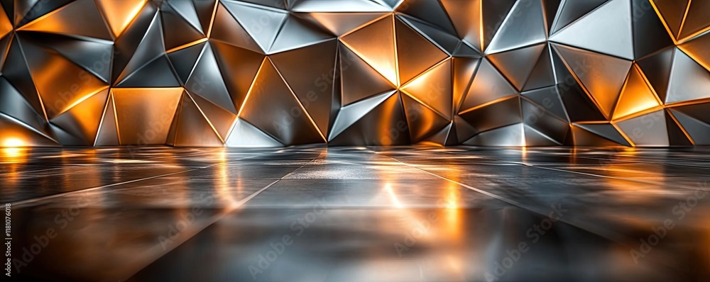 Poster floor abstract background idea. geometric metallic background with reflections and warm light accent