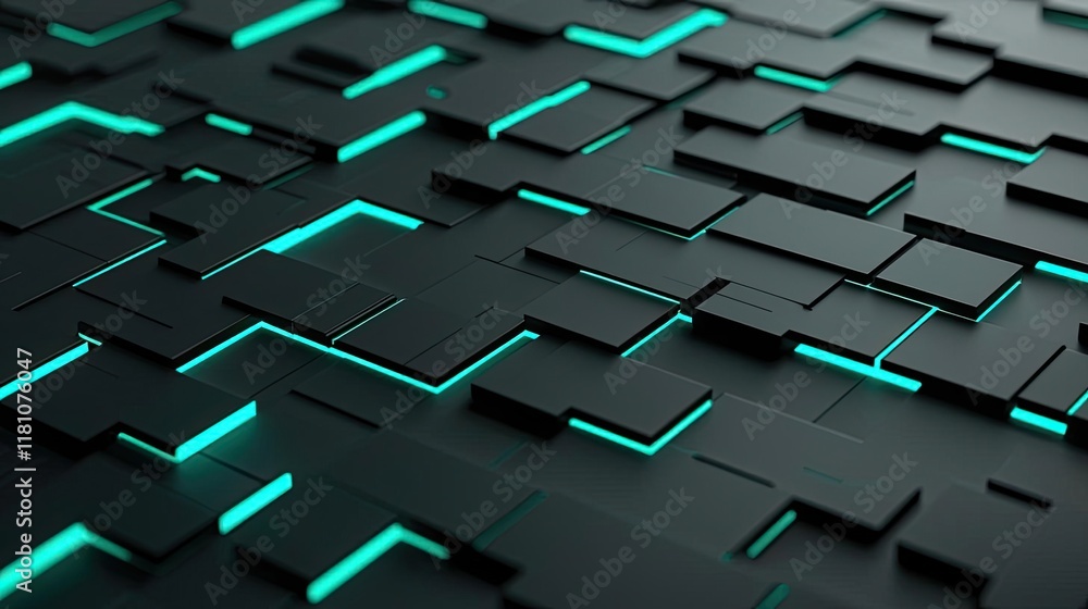 Poster floor abstract background idea. futuristic geometric design with glowing cyan lines on a black textu