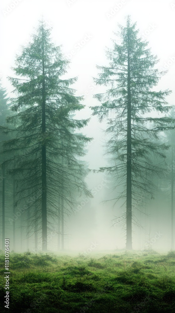 Poster a serene forest scene featuring tall evergreen trees shrouded in mist, creating a tranquil and myste