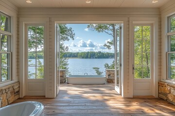Obraz premium Lake view from open porch with wood floors, white trim, shiplap walls, stone accents, and natural light; bathroom door in foreground.