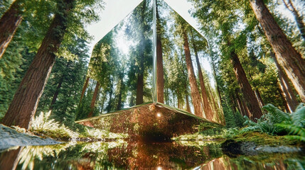 The cube&rsquo;s surface mirrors the surrounding lush greenery, towering trees, and a calm water body, blending seamlessly into the natural environment.  Fantastic Frontiers