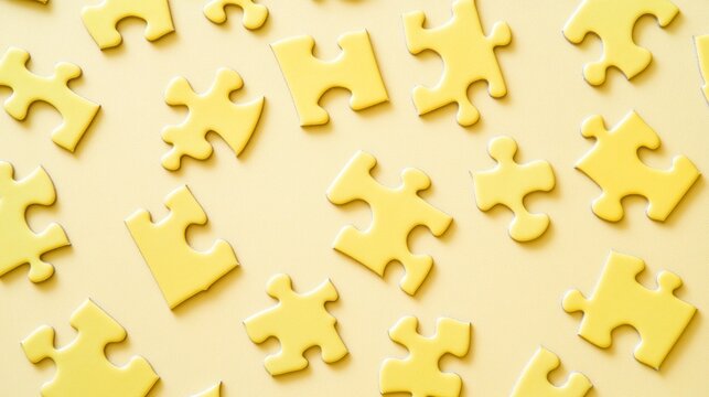 Scattered yellow jigsaw puzzle pieces on a pale yellow background.