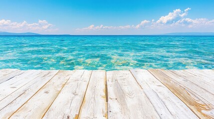 Tropical Ocean View: Serene turquoise ocean under a clear blue sky, framed by a weathered wooden deck, inviting relaxation and tranquility.