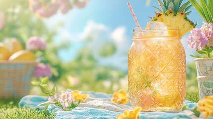 Tropical refreshment in the sun: A refreshing tropical cocktail, adorned with a pineapple slice, sits amidst a vibrant garden setting, its inviting presence promising a moment of pure bliss.