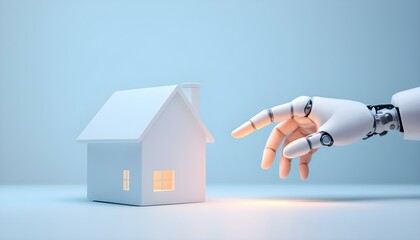 A robot hand holds a miniature house model, symbolizing the smart home concept and advanced technology integration