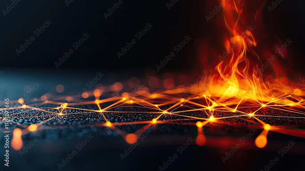 Poster fire abstract background idea. a vibrant digital network with flames, representing innovation and co