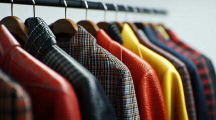 A row of leather jackets and jackets hanging on the hanger