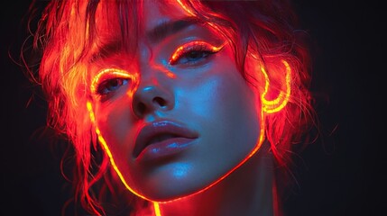 Artistic Portrait of a Woman with Neon Lighting Creating a Dramatic and Mesmerizing Effect on a Dark Background for Contemporary Lifestyle Imagery