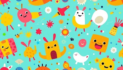 a pattern with unusual small figures on a blue background