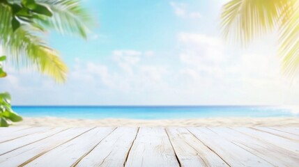 Seaside Paradise: A sun-kissed beach scene invites with crystal-clear ocean, soft sand, and swaying palm leaves, offering a sense of tranquility and escape.