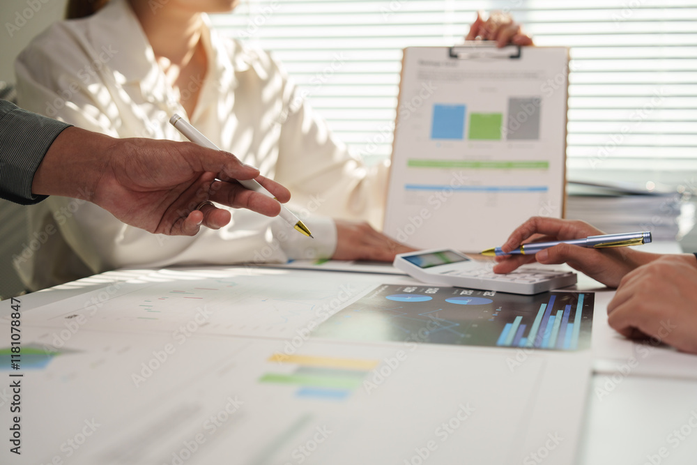 Poster business team analyzing financial charts and graphs showing company growth and using calculator for 