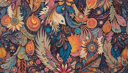 a pattern with colorful feathers and flowers