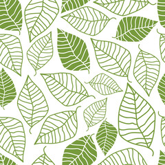 Vector illustration of doodle monochrome green leaves seamless pattern. Floral organic background. For textiles, wallpaper and packaging. Transparent background