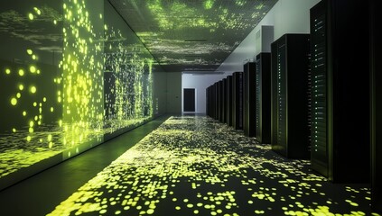 Futuristic data center with glowing projections on walls and floor.