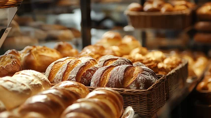 Gordijnen Fresh bread varieties in bakery display. Ideal for artisanal food and traditional baking concepts. © InspirationDesign