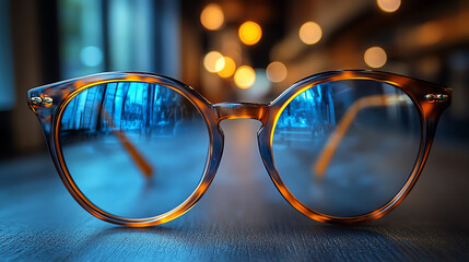 Stylish eyeglasses with blue reflection. Suitable for vision care and fashion accessory concepts.