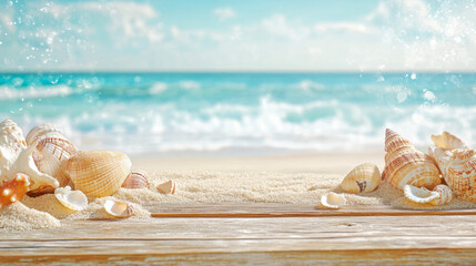 Seashells on Beach: Capture the essence of summer with a collection of delicate seashells scattered on a sandy beach, against a backdrop of the clear turquoise sea and sky.