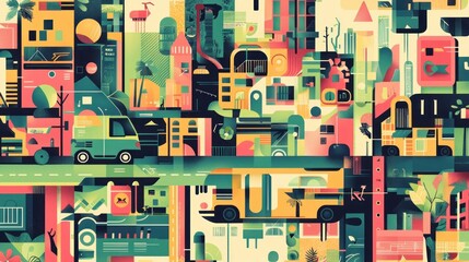 Vibrant Cityscape: A Collage of Urban Life and Geometric Abstraction