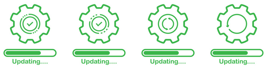 Updating system icons with gears isolated set on white background. Set of Update software icons.  System upgrade notification icons. Progress install symbols set.  Updating application icons.