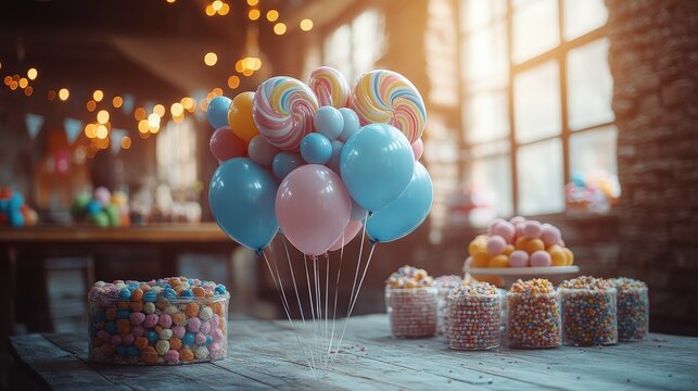 Colorful Party Setup with Bright Lollipops and Balloons Under Soft Lighting in a Cheerful Atmosphere Ideal for Celebrations and Events