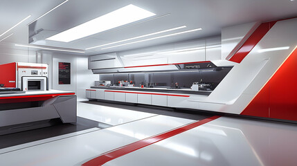 Modern Red & White Lab Interior Scientists Working, Futuristic Equipment, Clean Space.