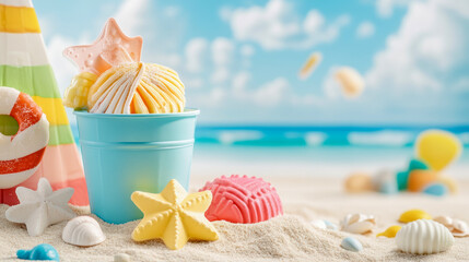 Serene Beach Getaway: A vibrant collection of seashells and beach accessories are artfully arranged on a sun-kissed sandy beach, celebrating the joys of summer. 