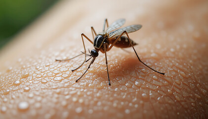 Macro image of a mosquito feeding on human skin displaying detailed texture and water droplets.