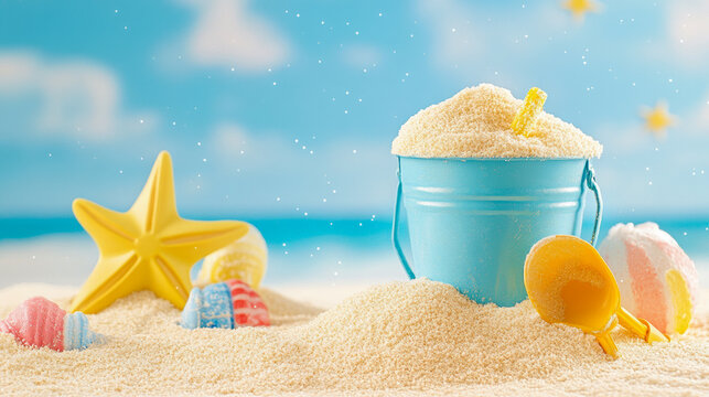 Summer Beach Daydream: Vivid and lively scene on a sun-kissed beach, featuring a sand pail filled with sand and a delightful array of beach toys. - Powered by Adobe