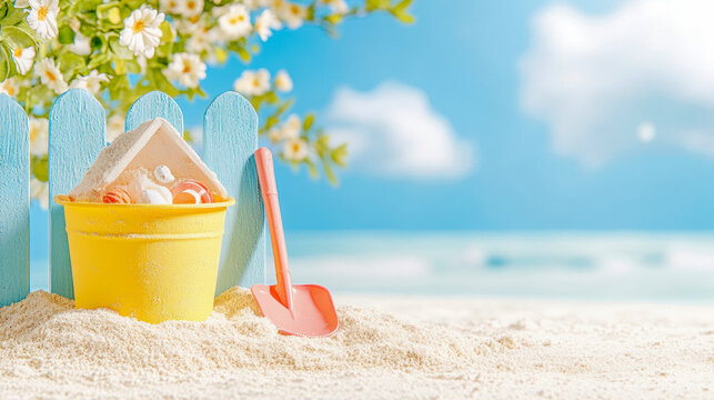 Beach Toy Set: Seashells in a yellow bucket, miniature beach house, and pink shovel sit in soft sand near a blue picket fence and blossoming flowers with a tranquil ocean background. 