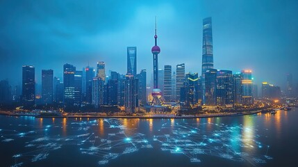 Obraz premium Renewable Wind Power Energy Turbine and Financial Data Cityscape