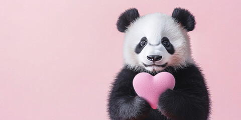 Banner with cute Giant Panda bear holding pink plush heart in front of pink background with copy space