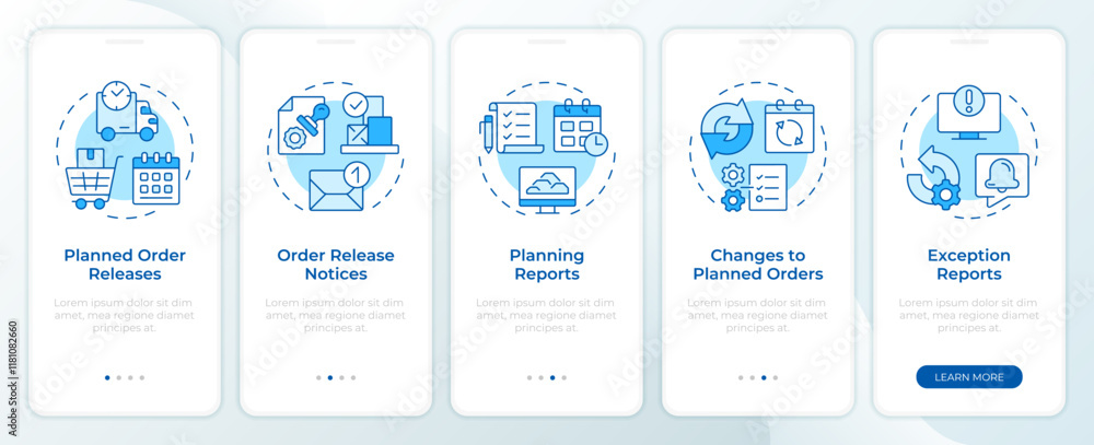 Poster mrp outputs blue onboarding mobile app screen. manufacturing. walkthrough 5 steps editable graphic i