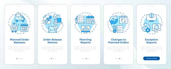 Fototapeta premium MRP outputs blue onboarding mobile app screen. Manufacturing. Walkthrough 5 steps editable graphic instructions with linear concepts. UI, UX, GUI template. Montserrat SemiBold, Regular fonts used