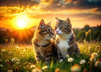 Obraz premium Romantic Cat Couple Landscape Photography: Two Lovers in a Meadow Sunset