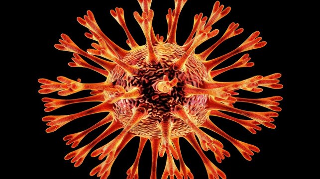 Intricate visualization of norovirus with spiky red structures on a dark background