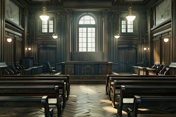 Courtroom View From the Defendants Bench with Wooden Benches and Judges Bench